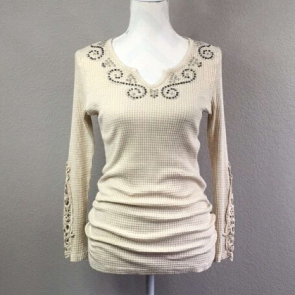 American Age Henley Embellished Lace Top